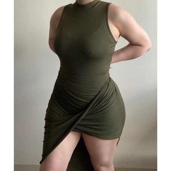 Olive Green Asymmetrical Dress With Thigh High Cutout - Picture 2 of 3